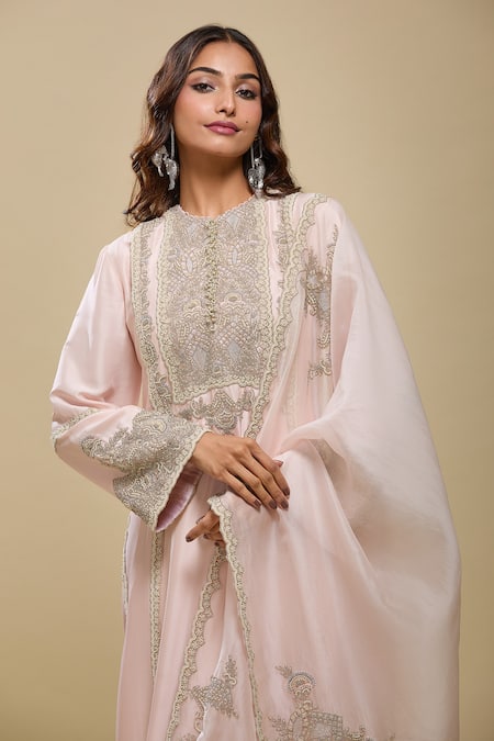 Anamika Khanna_Pink Embroidery Round Neck Kurta Pant Dupatta Set _at_Aza_Fashions