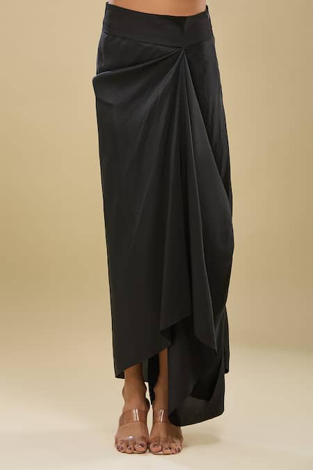 Anamika Khanna_Black Sequins Mandarin Collar, Round Neck Gathered Tunic And Draped Skirt Set _Online_at_Aza_Fashions
