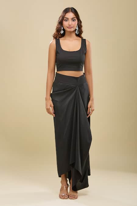 Buy_Anamika Khanna_Black Sequins Mandarin Collar, Round Neck Gathered Tunic And Draped Skirt Set _Online_at_Aza_Fashions