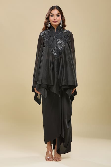 Shop_Anamika Khanna_Black Sequins Mandarin Collar, Round Neck Gathered Tunic And Draped Skirt Set _Online_at_Aza_Fashions