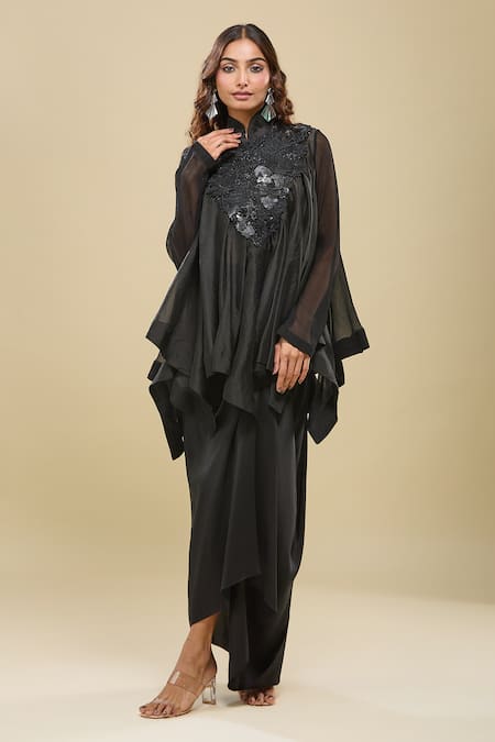 Anamika Khanna Black Gathered Tunic & Draped Skirt Set 