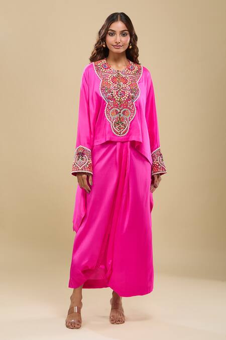 Buy_Anamika Khanna_Pink Embroidery Round Neck Bright Tunic And Skirt Set_Online_at_Aza_Fashions