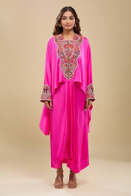 Shop_Anamika Khanna_Pink Embroidery Round Neck Bright Tunic And Skirt Set_Online_at_Aza_Fashions