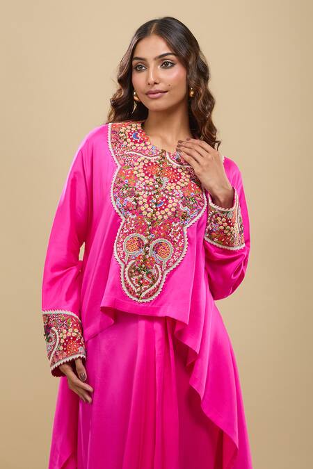 Anamika Khanna_Pink Embroidery Round Neck Bright Tunic And Skirt Set_at_Aza_Fashions