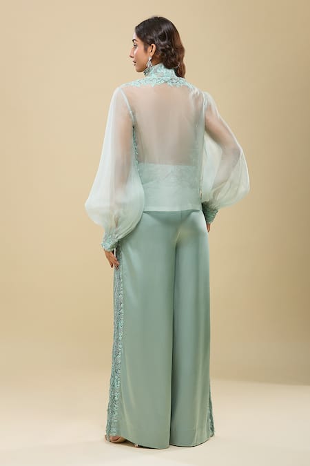 Anamika Khanna Pale Blue Sheer Jacket & Pant Set