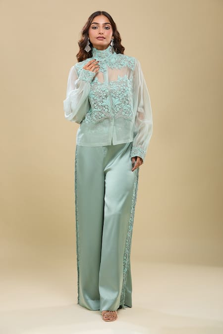 Anamika Khanna Pale Blue Sheer Jacket & Pant Set 