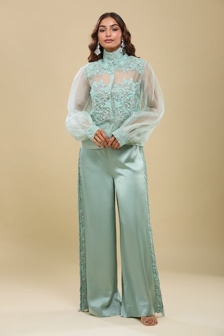 Anamika Khanna_Blue Satin Embroidery High Neck Pale Sheer Jacket And Pant Set _Online_at_Aza_Fashions