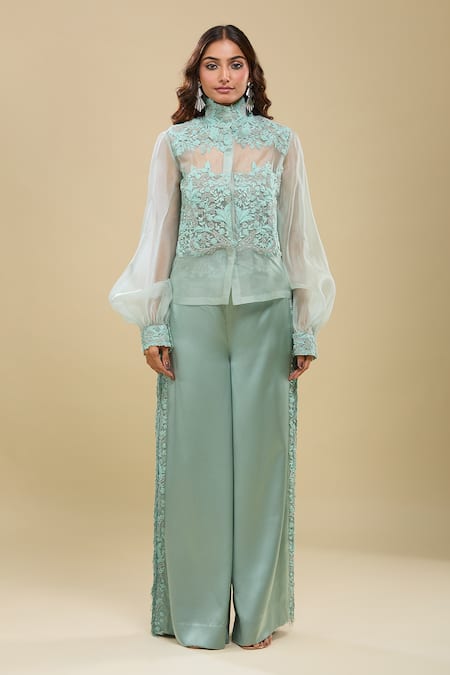 Buy_Anamika Khanna_Blue Satin Embroidery High Neck Pale Sheer Jacket And Pant Set _Online_at_Aza_Fashions