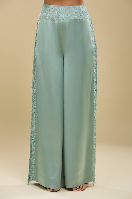 Shop_Anamika Khanna_Blue Satin Embroidery High Neck Pale Sheer Jacket And Pant Set _Online_at_Aza_Fashions