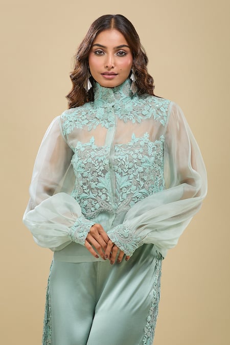 Anamika Khanna_Blue Satin Embroidery High Neck Pale Sheer Jacket And Pant Set _at_Aza_Fashions