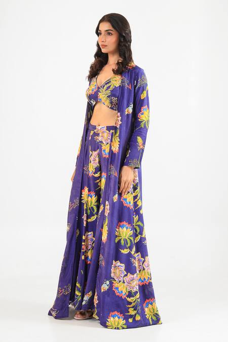 Amrood_Blue Silk Halter , Open Floral Print Royal Sharara Set _Online_at_Aza_Fashions