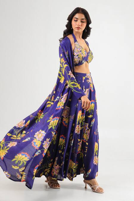 Buy_Amrood_Blue Silk Halter , Open Floral Print Royal Sharara Set _Online_at_Aza_Fashions