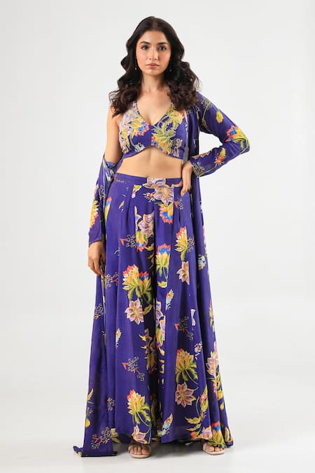 Shop_Amrood_Blue Silk Halter , Open Floral Print Royal Sharara Set _Online_at_Aza_Fashions