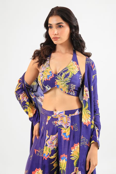 Amrood_Blue Silk Halter , Open Floral Print Royal Sharara Set _at_Aza_Fashions
