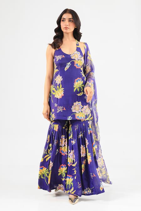 Amrood_Blue Silk Embroidery Scoop Neck Floral Printed Kurta Sharara Set _Online_at_Aza_Fashions