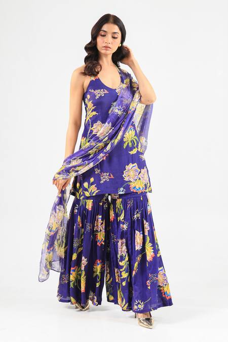 Buy_Amrood_Blue Silk Embroidery Scoop Neck Floral Printed Kurta Sharara Set _Online_at_Aza_Fashions