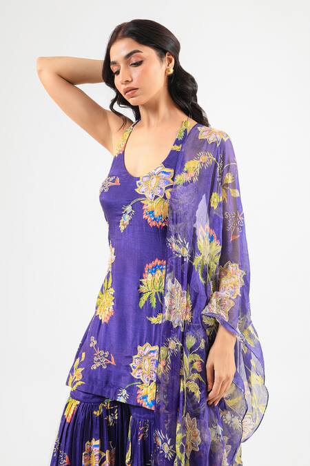 Shop_Amrood_Blue Silk Embroidery Scoop Neck Floral Printed Kurta Sharara Set _Online_at_Aza_Fashions