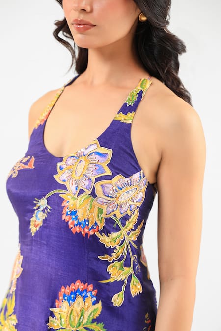 Amrood_Blue Silk Embroidery Scoop Neck Floral Printed Kurta Sharara Set _at_Aza_Fashions