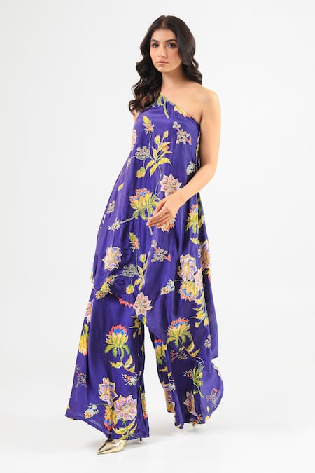 Shop_Amrood_Blue Silk Embroidery Asymmetric Royal Floral Kurta And Flared Pant Set _Online_at_Aza_Fashions