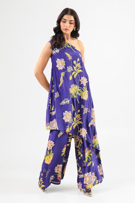 Amrood_Blue Silk Embroidery Asymmetric Royal Floral Kurta And Flared Pant Set _at_Aza_Fashions