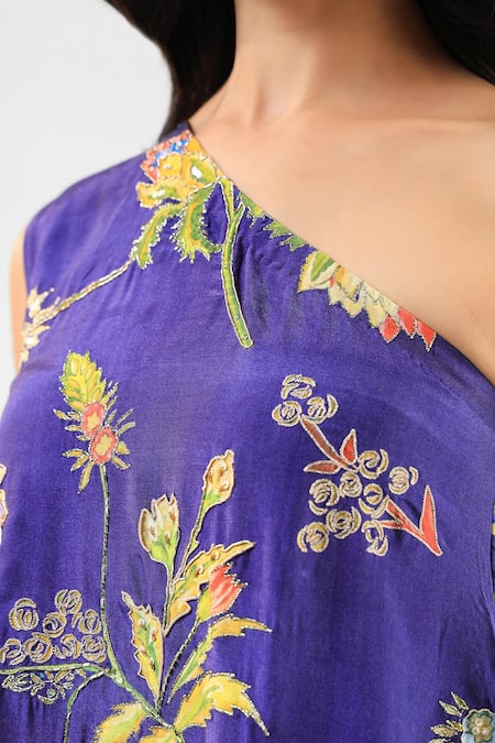 Buy_Amrood_Blue Silk Embroidery Asymmetric Royal Floral Kurta And Flared Pant Set 