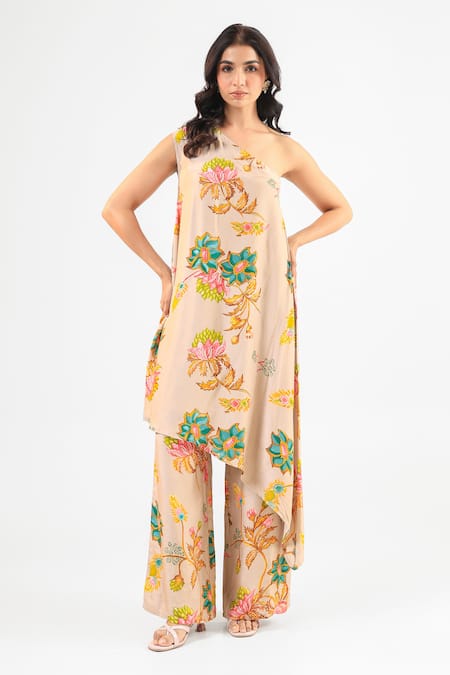 Amrood Beige Silk Embroidery Asymmetric Floral Kurta And Flared Pant 