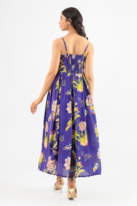 Amrood Floral Print Royal Blue Dress 