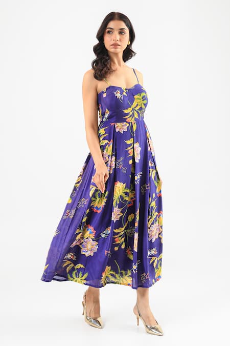 Amrood_Blue Silk Sweetheart Neck Floral Print Royal Dress _Online_at_Aza_Fashions