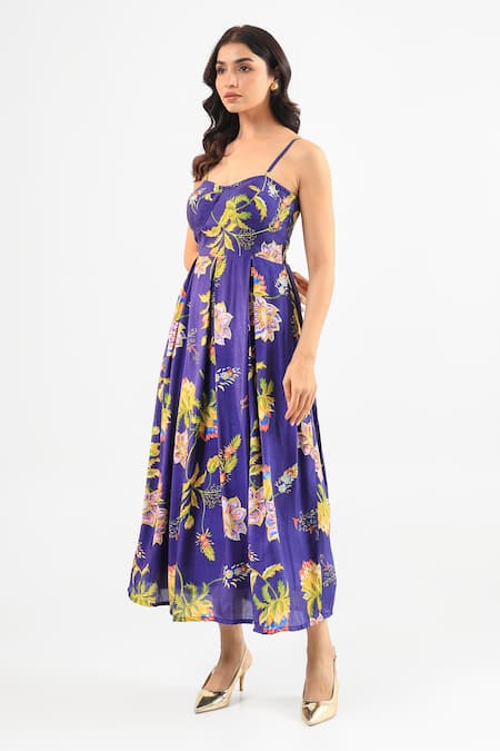 Buy_Amrood_Blue Silk Sweetheart Neck Floral Print Royal Dress _Online_at_Aza_Fashions