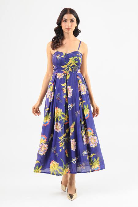 Shop_Amrood_Blue Silk Sweetheart Neck Floral Print Royal Dress _Online_at_Aza_Fashions