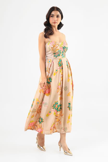 Amrood_Beige Silk Embroidery Sweetheart Neck Floral Dress _Online_at_Aza_Fashions