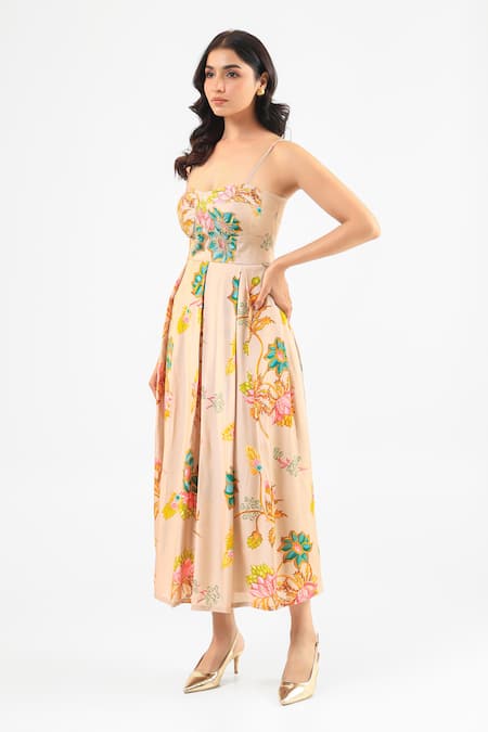 Buy_Amrood_Beige Silk Embroidery Sweetheart Neck Floral Dress _Online_at_Aza_Fashions