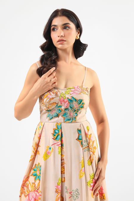 Shop_Amrood_Beige Silk Embroidery Sweetheart Neck Floral Dress _Online_at_Aza_Fashions