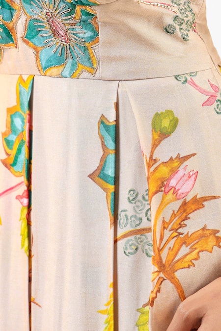 Amrood_Beige Silk Embroidery Sweetheart Neck Floral Dress _at_Aza_Fashions