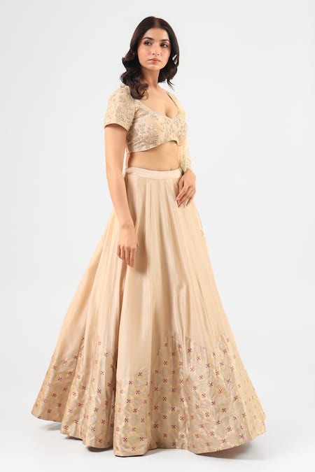 Amrood_Beige Silk Embroidery, Beads Round Neck Lehenga Set _Online_at_Aza_Fashions