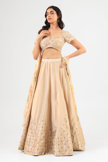 Amrood Beige Silk Embroidery, Beads Round Neck Lehenga Set 