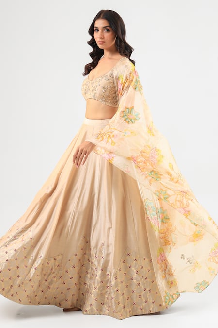 Buy_Amrood_Beige Silk Embroidery, Beads Round Neck Lehenga Set _Online_at_Aza_Fashions