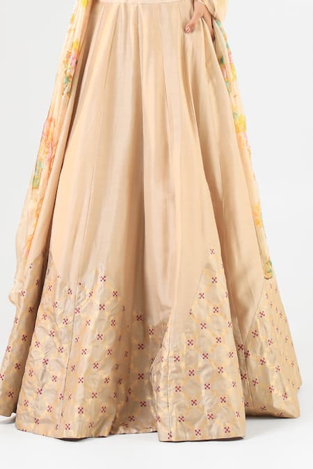 Shop_Amrood_Beige Silk Embroidery, Beads Round Neck Lehenga Set _Online_at_Aza_Fashions