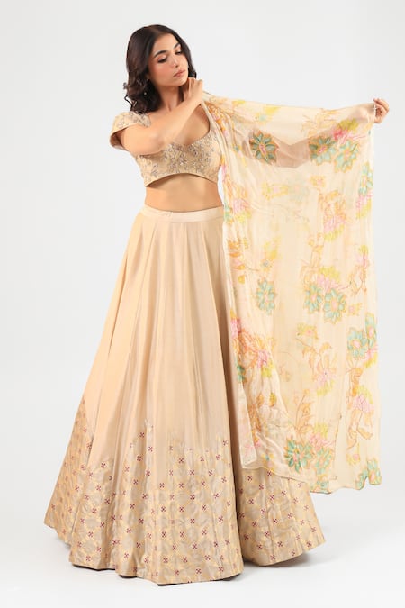 Amrood_Beige Silk Embroidery, Beads Round Neck Lehenga Set _at_Aza_Fashions