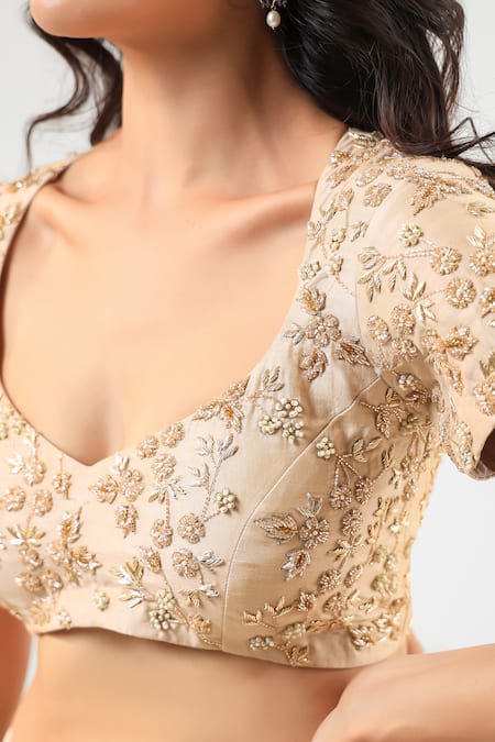 Buy_Amrood_Beige Silk Embroidery, Beads Round Neck Lehenga Set 