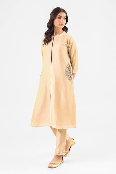 Amrood_Beige Silk Sequins, Embroidery Round Neck Royal Kurta And Pant Set _Online_at_Aza_Fashions