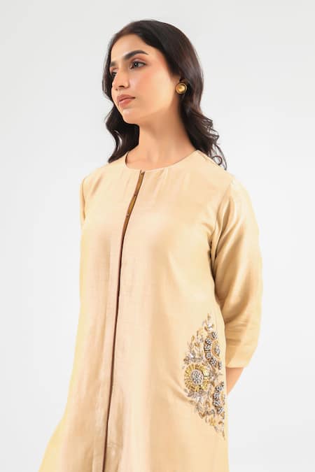 Buy_Amrood_Beige Silk Sequins, Embroidery Round Neck Royal Kurta And Pant Set _Online_at_Aza_Fashions
