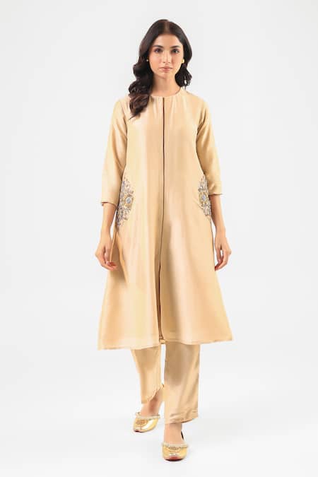 Shop_Amrood_Beige Silk Sequins, Embroidery Round Neck Royal Kurta And Pant Set _Online_at_Aza_Fashions