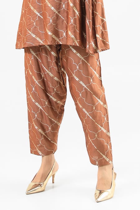 Buy_Amrood_Brown Embroidery Round Neck Kurta And Pant Set _Online_at_Aza_Fashions