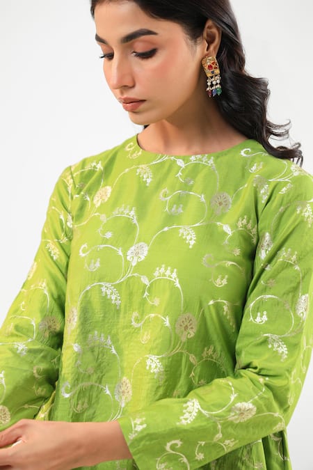 Amrood_Green Embroidery Round Neck Pure Banarsi Kurta Salwar Set _at_Aza_Fashions