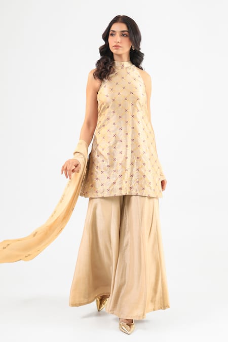 Amrood Beige Embroidery Mandarin Collar Pure Banarsi Kurta Sharara Set 
