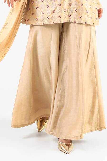 Amrood_Beige Embroidery Mandarin Collar Pure Banarsi Kurta Sharara Set _Online_at_Aza_Fashions