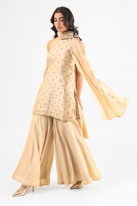 Buy_Amrood_Beige Embroidery Mandarin Collar Pure Banarsi Kurta Sharara Set _Online_at_Aza_Fashions
