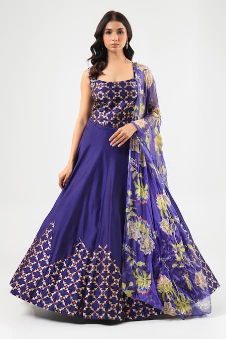 Amrood Blue Embroidery Square Neck Designer Deep Lehenga Set 