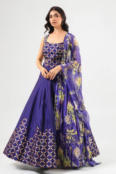 Buy_Amrood_Blue Embroidery Square Neck Designer Deep Lehenga Set _Online_at_Aza_Fashions